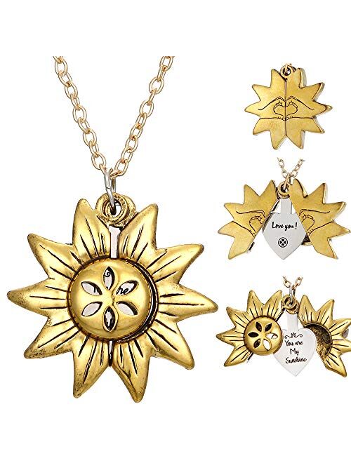 SUNSHI New Upgrade Sunflower Necklace Engraved 2 Sided Version Heart Locket You are My Sunshine Love You Pendant with Box for Women, Mother, Daughter