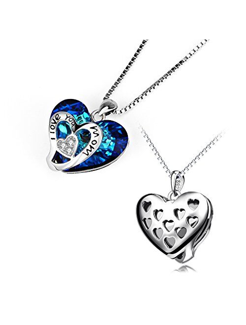 AOBOCO I Love You Mom Series Sterling Silver Mom Necklace Heart Pendant Embellished with Crystals from Swarovski, Fine Birthday Jewelry Gifts for Mom Grandma Mother-to-be