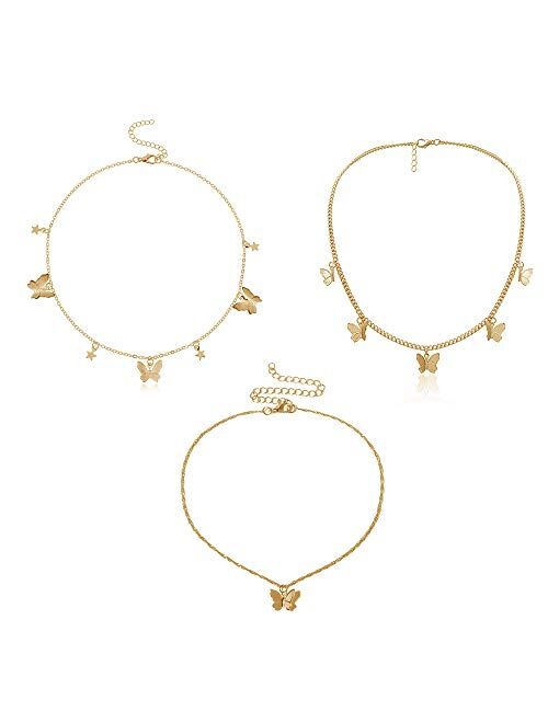 4 Sets Layered Choker Necklace Gold Butterfly Star Moon Heart Pendant Necklace Cute Vsco Multilayer Chain Choker Necklace for women teen girl