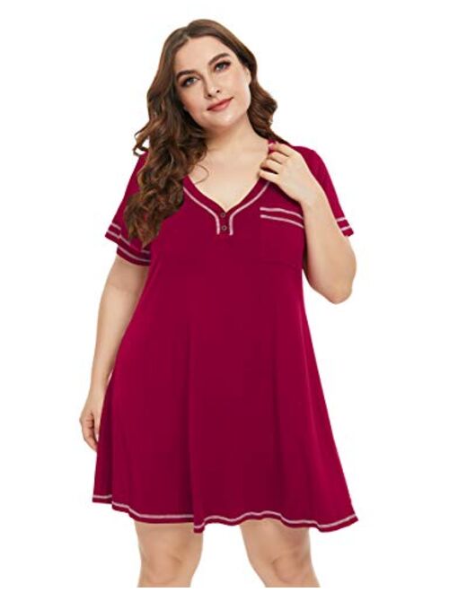 LARACE T-Shirt Dress V-Neck Pajamas with Pocket Plus Size Women Nightgowns Sleep Wear Button Tops