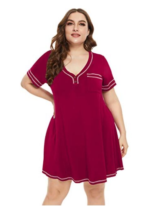 LARACE T-Shirt Dress V-Neck Pajamas with Pocket Plus Size Women Nightgowns Sleep Wear Button Tops