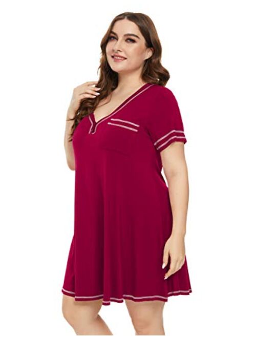 LARACE T-Shirt Dress V-Neck Pajamas with Pocket Plus Size Women Nightgowns Sleep Wear Button Tops