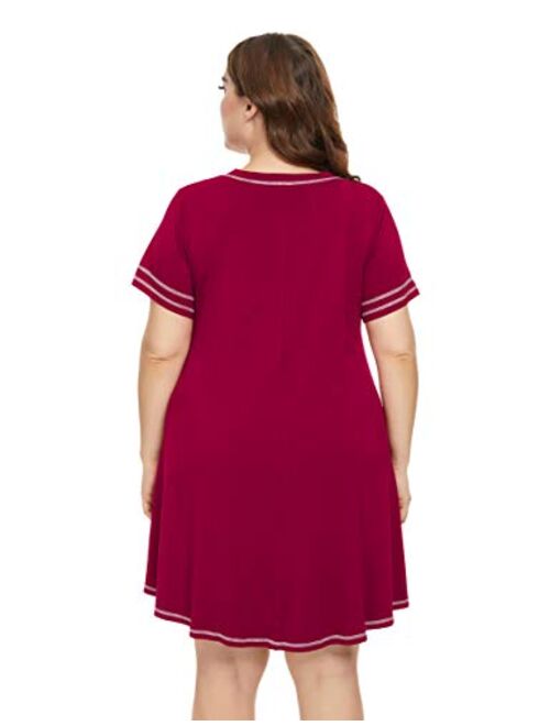 LARACE T-Shirt Dress V-Neck Pajamas with Pocket Plus Size Women Nightgowns Sleep Wear Button Tops