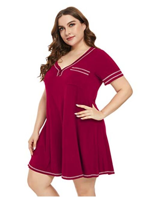 LARACE T-Shirt Dress V-Neck Pajamas with Pocket Plus Size Women Nightgowns Sleep Wear Button Tops