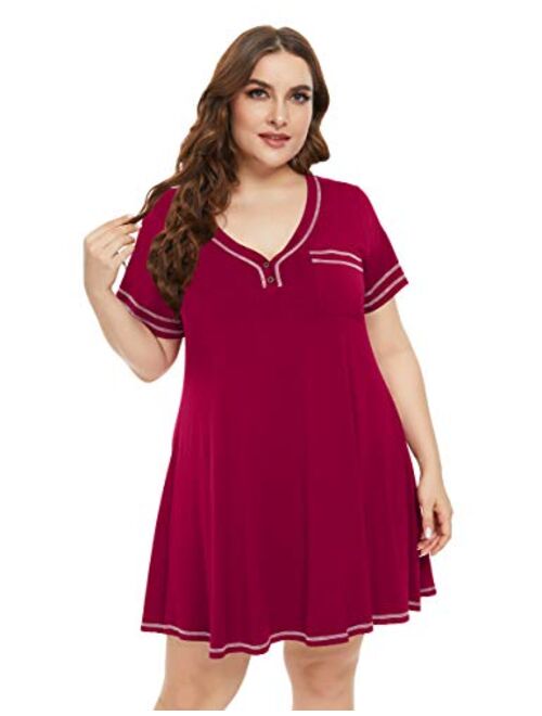 LARACE T-Shirt Dress V-Neck Pajamas with Pocket Plus Size Women Nightgowns Sleep Wear Button Tops