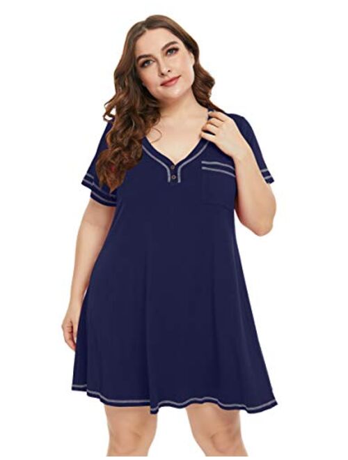 LARACE T-Shirt Dress V-Neck Pajamas with Pocket Plus Size Women Nightgowns Sleep Wear Button Tops