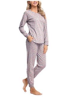Hawiton Women's Pajamas Long Sleeve Pants Set Cotton PJS Lounger with Pockets for Winter