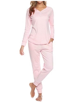 Hawiton Women's Pajamas Long Sleeve Pants Set Cotton PJS Lounger with Pockets for Winter