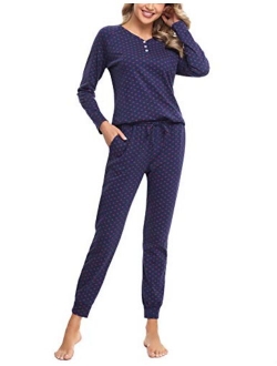 Hawiton Women's Pajamas Long Sleeve Pants Set Cotton PJS Lounger with Pockets for Winter