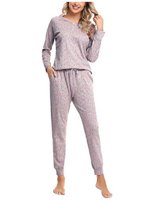 Hawiton Women's Pajamas Long Sleeve Pants Set Cotton PJS Lounger with Pockets for Winter