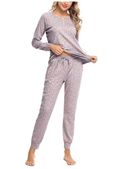 Hawiton Women's Pajamas Long Sleeve Pants Set Cotton PJS Lounger with Pockets for Winter