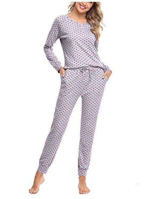 Hawiton Women's Pajamas Long Sleeve Pants Set Cotton PJS Lounger with Pockets for Winter