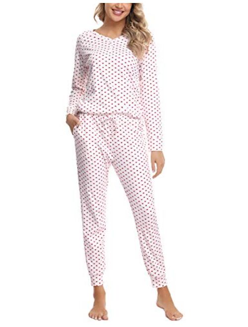 Hawiton Women's Pajamas Long Sleeve Pants Set Cotton PJS Lounger with Pockets for Winter