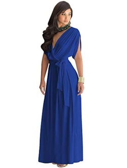 Womens Long Semi-Formal Short Sleeve V-Neck Floor Length Maxi Dress Gown