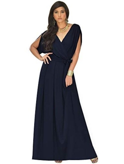 Womens Long Semi-Formal Short Sleeve V-Neck Floor Length Maxi Dress Gown