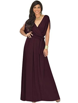 Womens Long Semi-Formal Short Sleeve V-Neck Floor Length Maxi Dress Gown