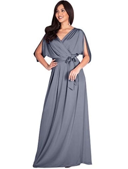 Womens Long Semi-Formal Short Sleeve V-Neck Floor Length Maxi Dress Gown