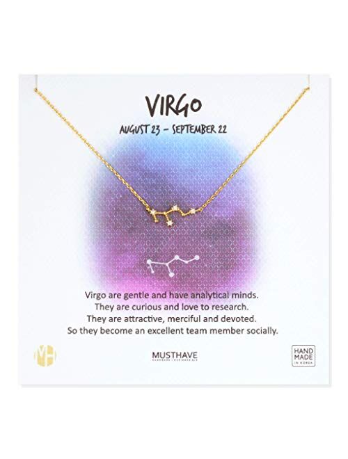 MUSTHAVE Zodiac 18K Gold Plated CZ Necklace with Message Card, Yellow Gold Color, Anchor Chain, Best Gift Necklace, Size 16 inch + 2 inch Extender, Zodiac Pendant, Conste