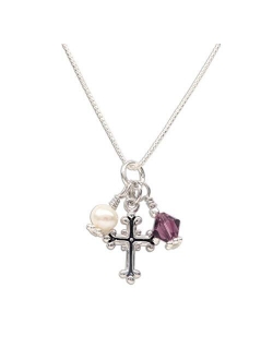 Girl's Sterling Silver First Communion High-end Simulated Crystal Birthstone Cross Necklace with Cultured Pearl