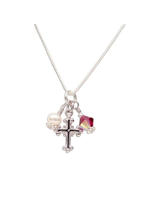 Girl's Sterling Silver First Communion High-end Simulated Crystal Birthstone Cross Necklace with Cultured Pearl