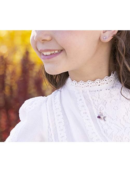 Girl's Sterling Silver First Communion High-end Simulated Crystal Birthstone Cross Necklace with Cultured Pearl