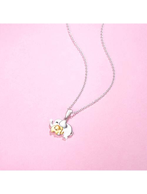 FANCIME White/Yellow/Rose Gold Plated 925 Sterling Silver High Polished Cute Mini Small Lucky Elephant Family Dainty Pendant Necklace For Women Girls, 16" + 2" Extender