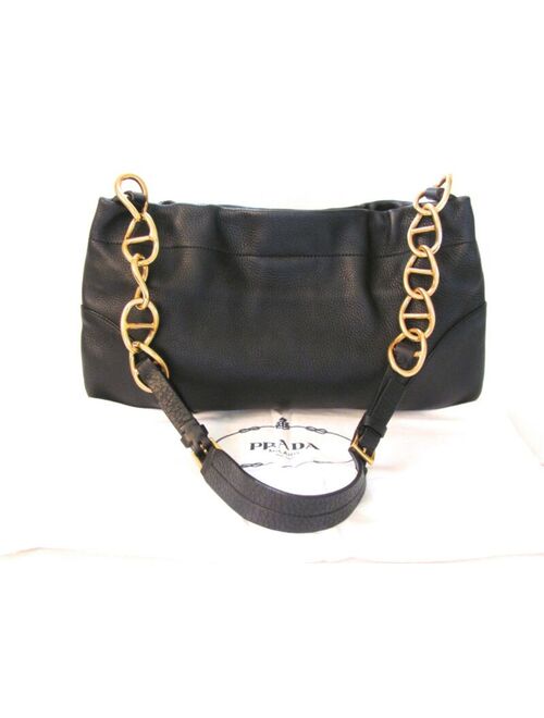 PRADA Black Pebbled Leather Gold Tone Chain Link Shoulder Bag, Made In ITALY