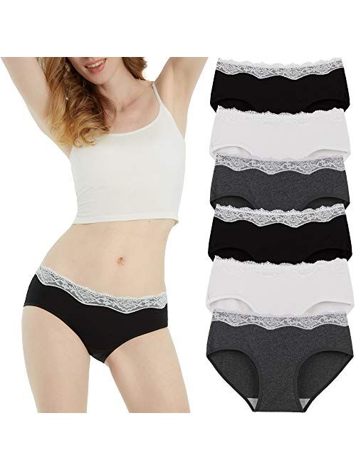 INNERSY Womens Lace Underwear Cotton Hipster Panties Regular & Plus Size 6-Pack