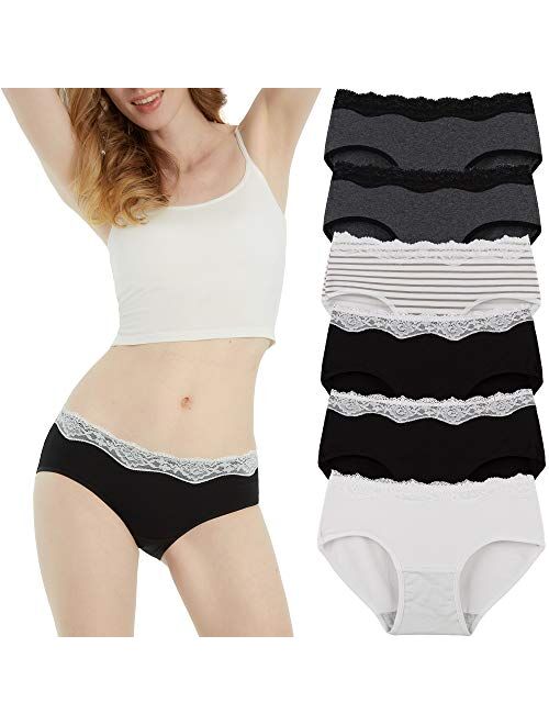 INNERSY Womens Lace Underwear Cotton Hipster Panties Regular & Plus Size 6-Pack