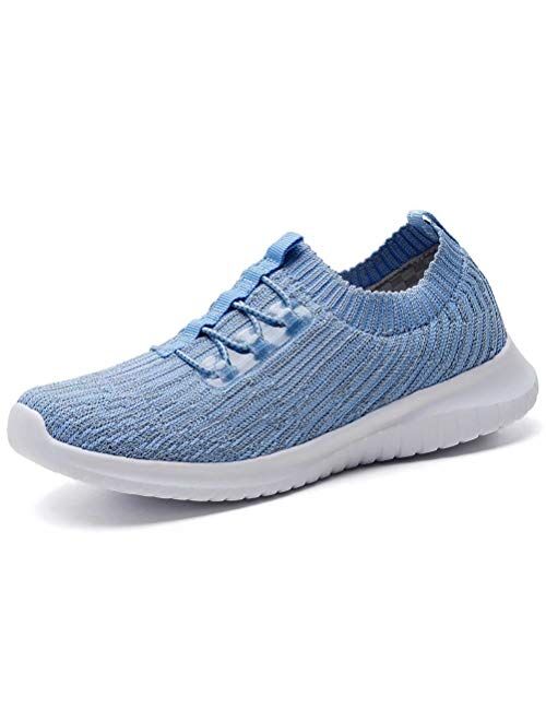 LANCROP Women's Athletic Walking Shoes - Casual Knit Lightweight Running Slip On Sneakers