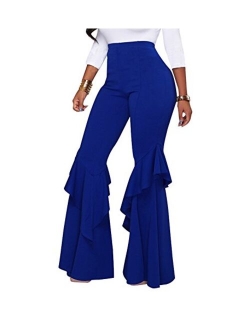 GUOLEZEEV Womens High Waisted Ruffle Flare Fit Pants Solid Color Wide Leg Trousers with Back Zipper