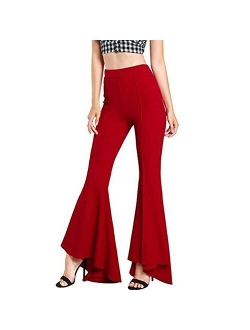 GUOLEZEEV Womens High Waisted Ruffle Flare Fit Pants Solid Color Wide Leg Trousers with Back Zipper