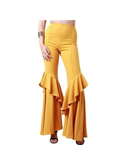 GUOLEZEEV Womens High Waisted Ruffle Flare Fit Pants Solid Color Wide Leg Trousers with Back Zipper