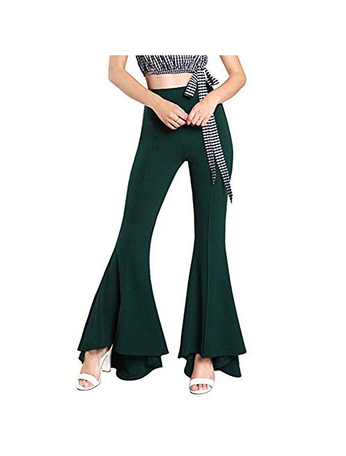 GUOLEZEEV Womens High Waisted Ruffle Flare Fit Pants Solid Color Wide Leg Trousers with Back Zipper