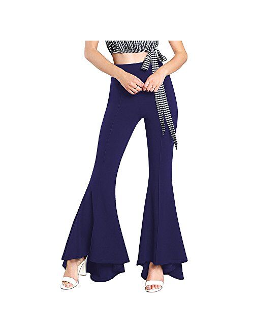 GUOLEZEEV Womens High Waisted Ruffle Flare Fit Pants Solid Color Wide Leg Trousers with Back Zipper