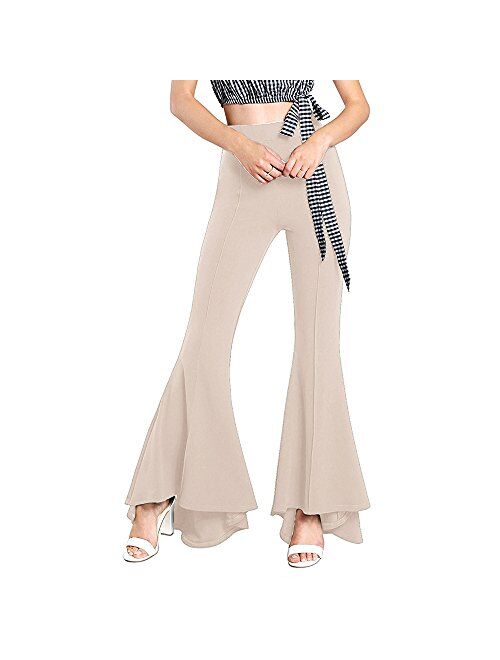 GUOLEZEEV Womens High Waisted Ruffle Flare Fit Pants Solid Color Wide Leg Trousers with Back Zipper