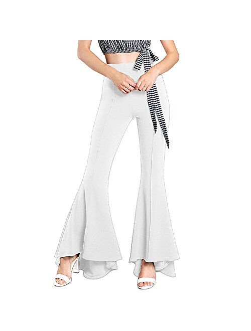 GUOLEZEEV Womens High Waisted Ruffle Flare Fit Pants Solid Color Wide Leg Trousers with Back Zipper