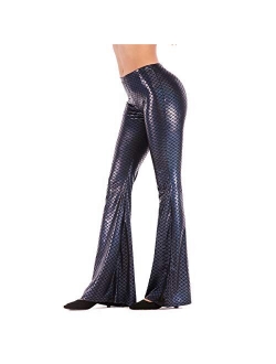 Women Shiny Slim Fit Bell Bottom Flare Pants Metallic Bootcut Palazzo Disco 70s Glam Yoga Fall Leggings