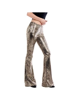 Women Shiny Slim Fit Bell Bottom Flare Pants Metallic Bootcut Palazzo Disco 70s Glam Yoga Fall Leggings