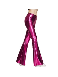 Women Shiny Slim Fit Bell Bottom Flare Pants Metallic Bootcut Palazzo Disco 70s Glam Yoga Fall Leggings