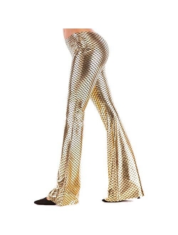 Women Shiny Slim Fit Bell Bottom Flare Pants Metallic Bootcut Palazzo Disco 70s Glam Yoga Fall Leggings