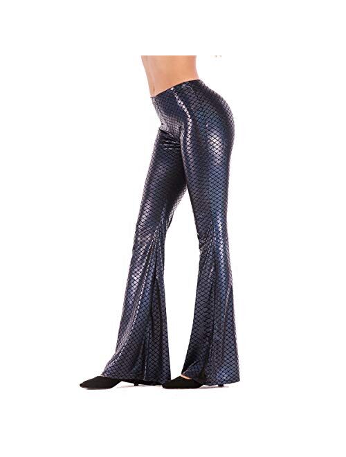 IBTOM CASTLE Women Shiny Slim Fit Bell Bottom Flare Pants Metallic Bootcut Palazzo Disco 70s Glam Yoga Fall Leggings