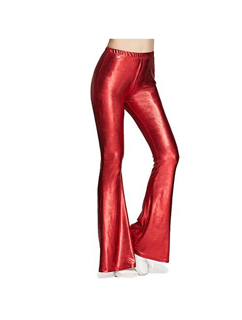 IBTOM CASTLE Women Shiny Slim Fit Bell Bottom Flare Pants Metallic Bootcut Palazzo Disco 70s Glam Yoga Fall Leggings