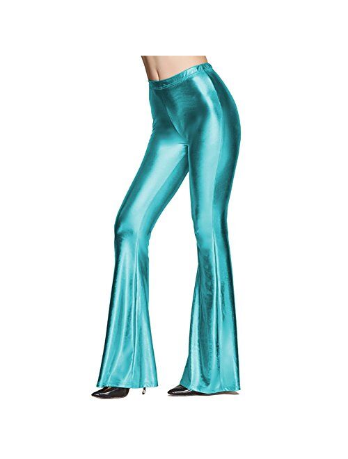 IBTOM CASTLE Women Shiny Slim Fit Bell Bottom Flare Pants Metallic Bootcut Palazzo Disco 70s Glam Yoga Fall Leggings