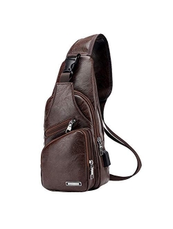 Men's Leather Sling Bag Chest Shoulder Backpack Crossbody Bag with USB Charging Port for Travel, Hiking,Cycling