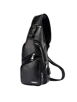 Men's Leather Sling Bag Chest Shoulder Backpack Crossbody Bag with USB Charging Port for Travel, Hiking,Cycling