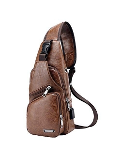 Men's Leather Sling Bag Chest Shoulder Backpack Crossbody Bag with USB Charging Port for Travel, Hiking,Cycling