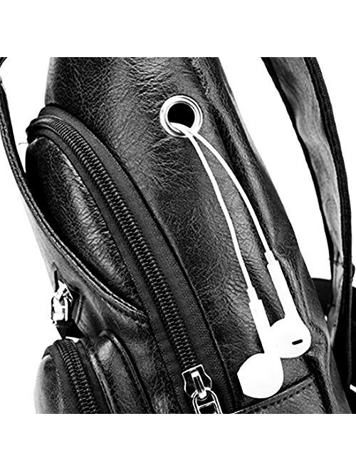 Men's Leather Sling Bag Chest Shoulder Backpack Crossbody Bag with USB Charging Port for Travel, Hiking,Cycling