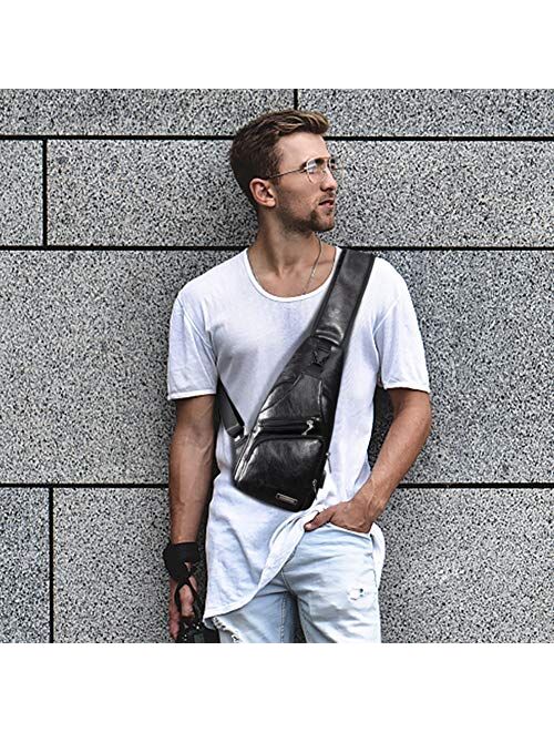 Men's Leather Sling Bag Chest Shoulder Backpack Crossbody Bag with USB Charging Port for Travel, Hiking,Cycling