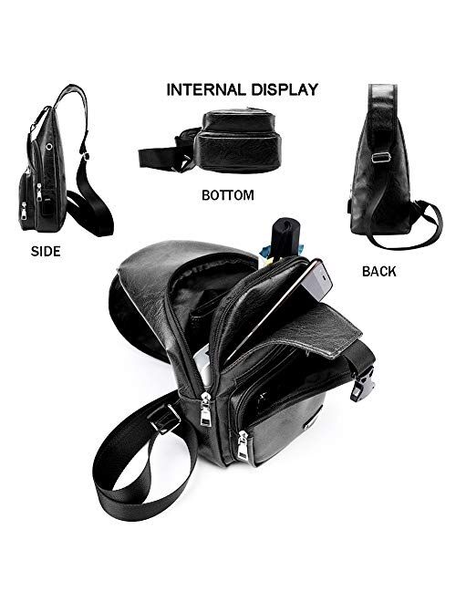 Men's Leather Sling Bag Chest Shoulder Backpack Crossbody Bag with USB Charging Port for Travel, Hiking,Cycling